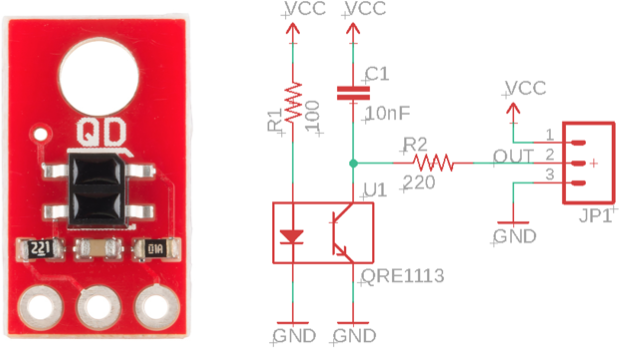 Figure 6 Sparkfun QRE1113 Digital Breakout Board: Photo and Schematics [1]